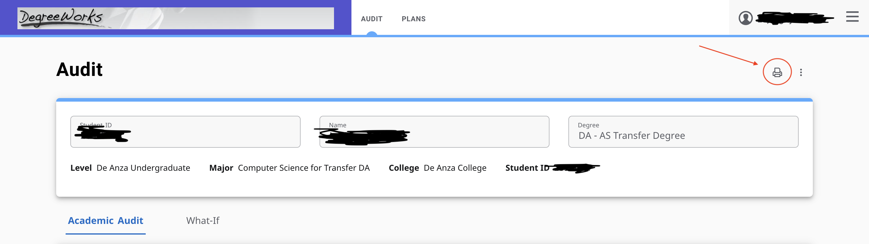 Degree Works Audit page with the print icon highlighted in red.